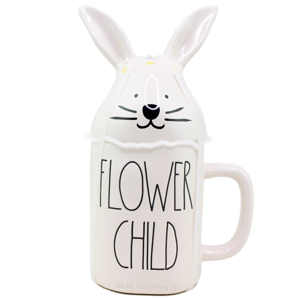 Rae Dunn "Flower Child" Floral Crown Bunny Topper Ceramic Mug